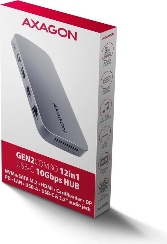 Kasë multiport AXAGON HMC-12GM2 12in1 me slot M.2 NVMe/SATA, 10Gbps, 3x USB-A, USB-C, HDMI 4K/60Hz, DP 4K/60Hz, GLAN, SD/microSD, audio, PD 100W, 50cm, Gri