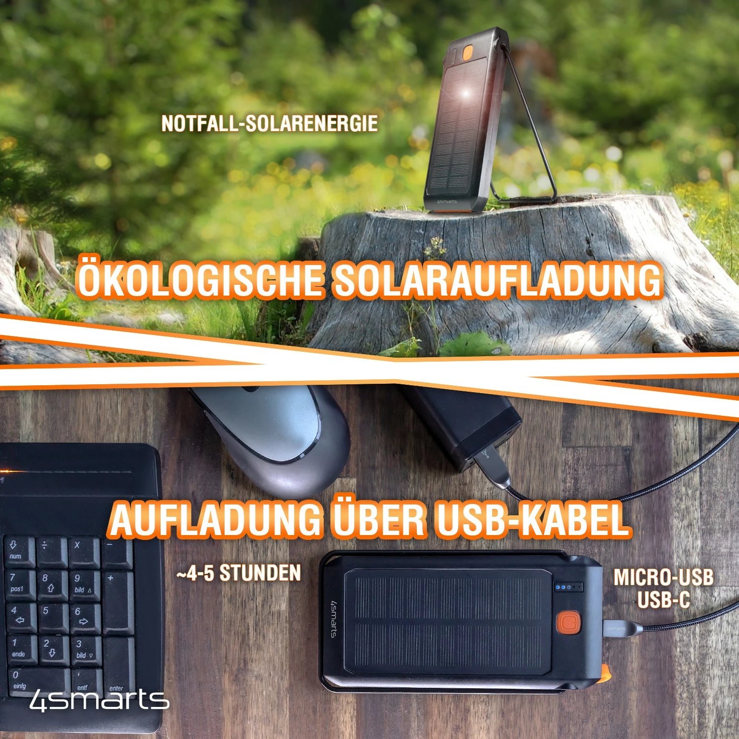 Powerbank 4smarts TitanPack Flex 10000 mAh, Quick Charge 3.0, e zezë, portokalli