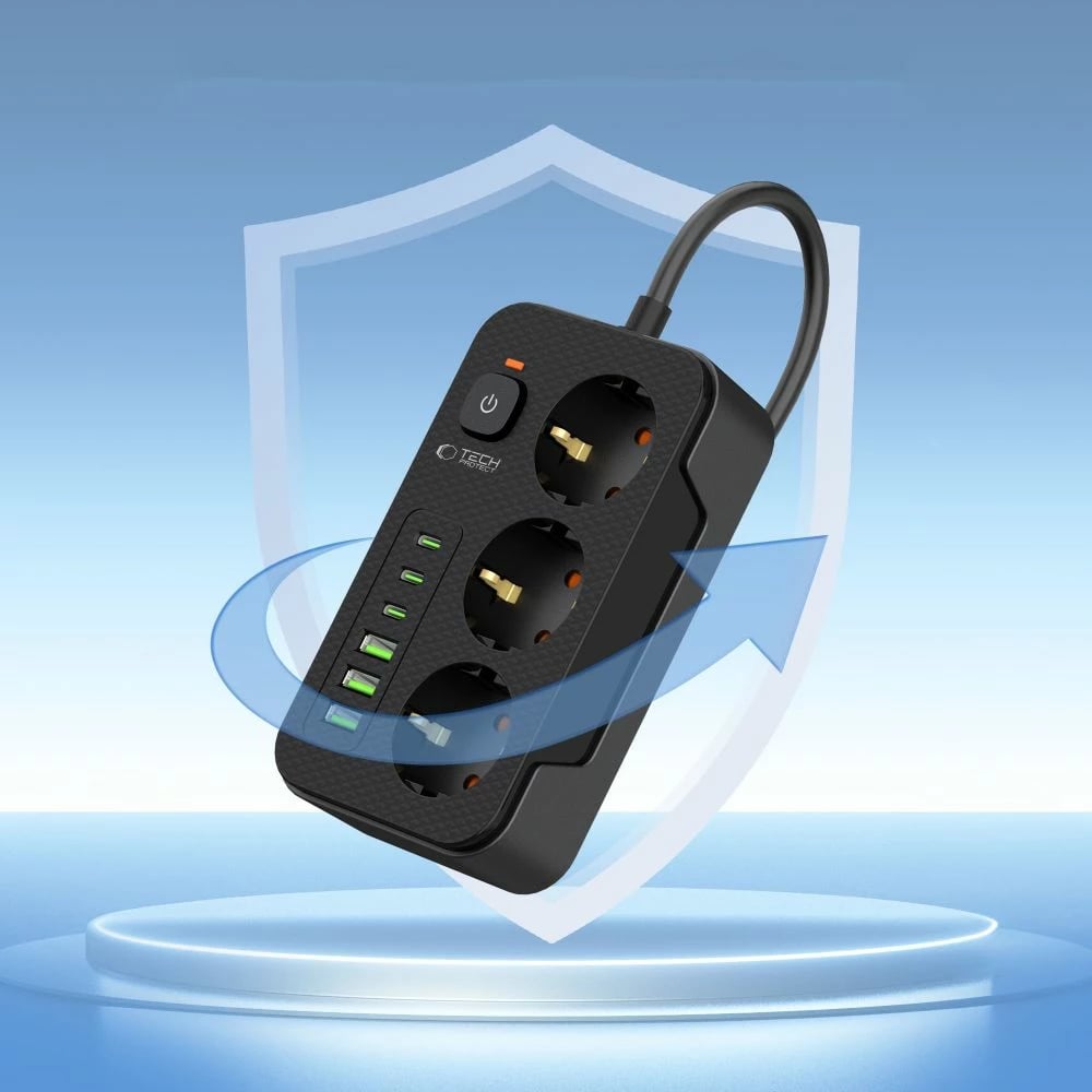 Prizë shumëfunksionale Tech-Protect PC3X6 me 3 shtekerë, 3xUSB-A, 3xUSB-C, 200cm, e zezë
