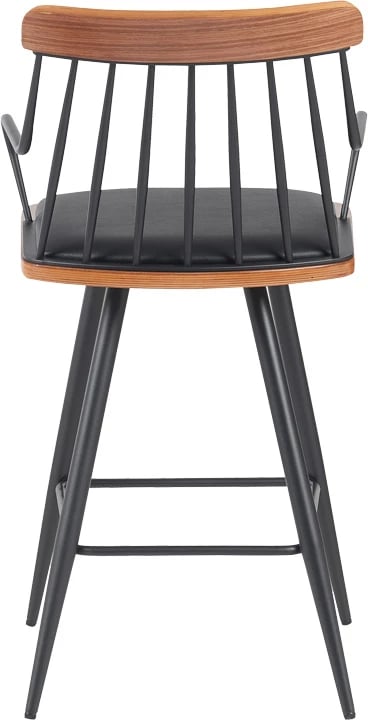 Karrige për bar Posse, metal i zi, dru arre, ulëse lëkure e zezë, 48x54x92.5cm