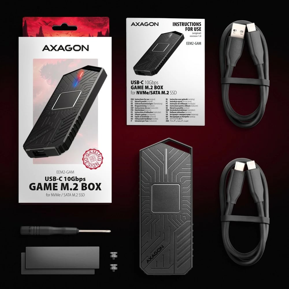 Kasë e jashtme AXAGON EEM2-GAM për SSD M.2 NVMe/SATA, USB-C 3.2 Gen 2, e zezë