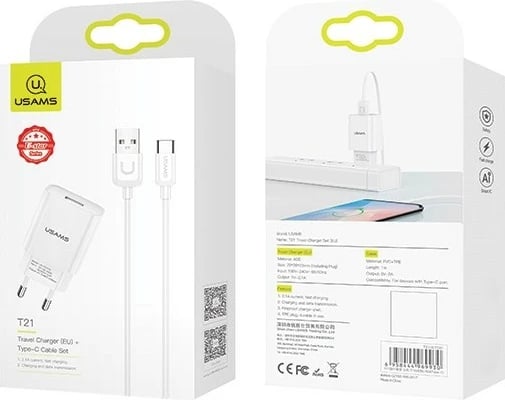 Adapter energjie USAMS T21 me USB 2.1A dhe kabllo USB-C 1m, Bardhë