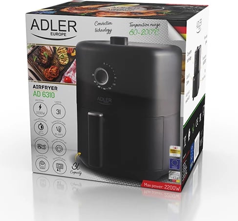 Fritezë me ajër, Adler AD 6310, 3 L, 80–200°C, timer 30 min, e zezë