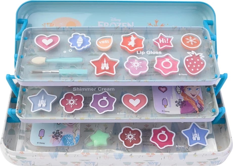 Set grimi për fëmijë Lip Smacker Disney Frozen Makeup Case Triple Layer Beauty Tin për vajza, 31 copë