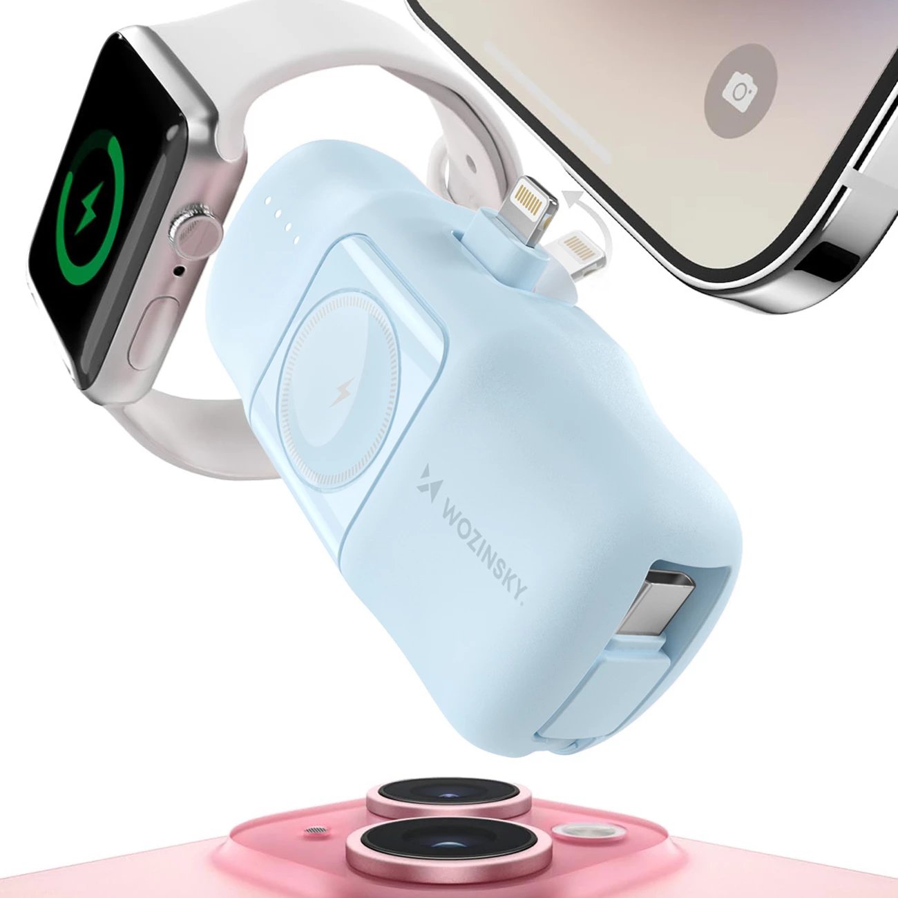 Powerbank Wozinsky WF16-YLS, 5000mAh, 15W, me kabllo USB-C të integruar dhe karikues për Apple Watch, Blu