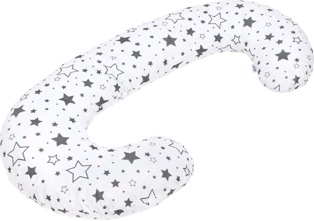 Mbulesë jastëku gjidhënie në formë C, New Baby, Stars, 100% pambuk, me zinxhir të fshehur, e bardhë me yje gri