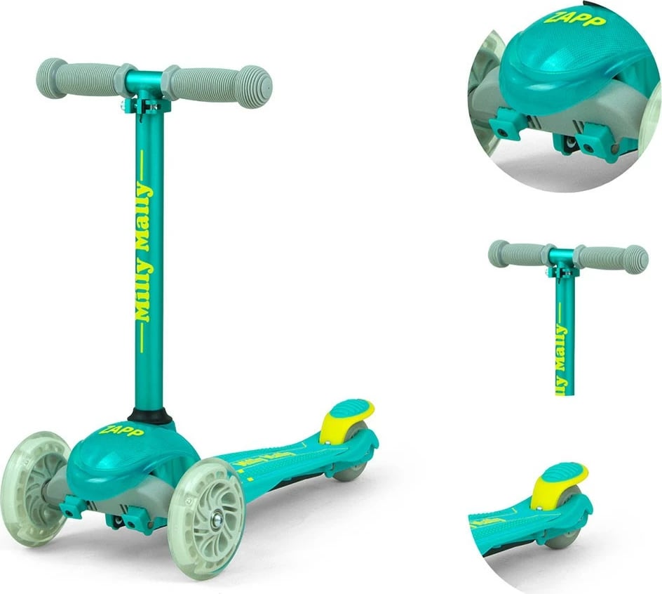 Skuter për fëmijë, Milly Mally Zapp, 3 rrota, timon i rregullueshëm 61-66 cm, drita në rrota, deri 50 kg, mentë