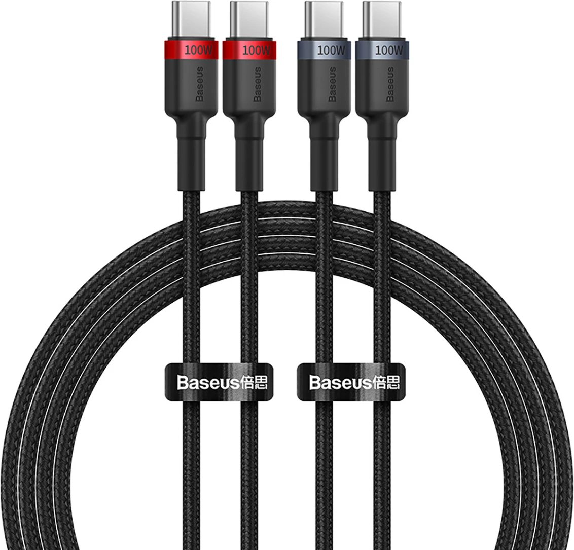 Kabllo USB-C Baseus Cafule, 2m, 100W, set prej 2 copë, zi-kuqe dhe zi-gri