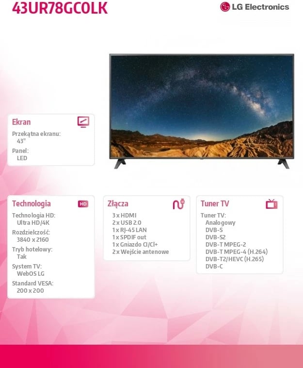 Televizor LED LG 43UR78GC0LK, 43 inç, Ultra HD 4K, Smart TV, i zi