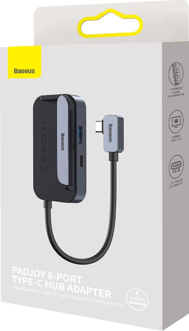HUB Baseus PadJoy 6-në-1, USB-C, për tabletë/celular, Gri e errët