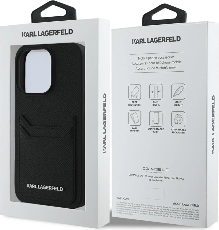 Mbështjellës Karl Lagerfeld HC Grained PU Cardslot Metal Elong për iPhone 16 Pro Max, e zezë