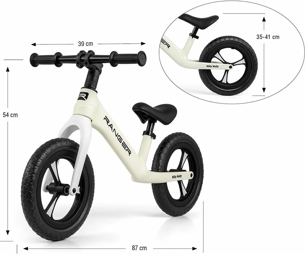 Biçikletë pa pedale fëmijësh, Milly Mally Ranger, rrota 12" EVA, kornizë kompozite, ulëse e rregullueshme, e bardhë