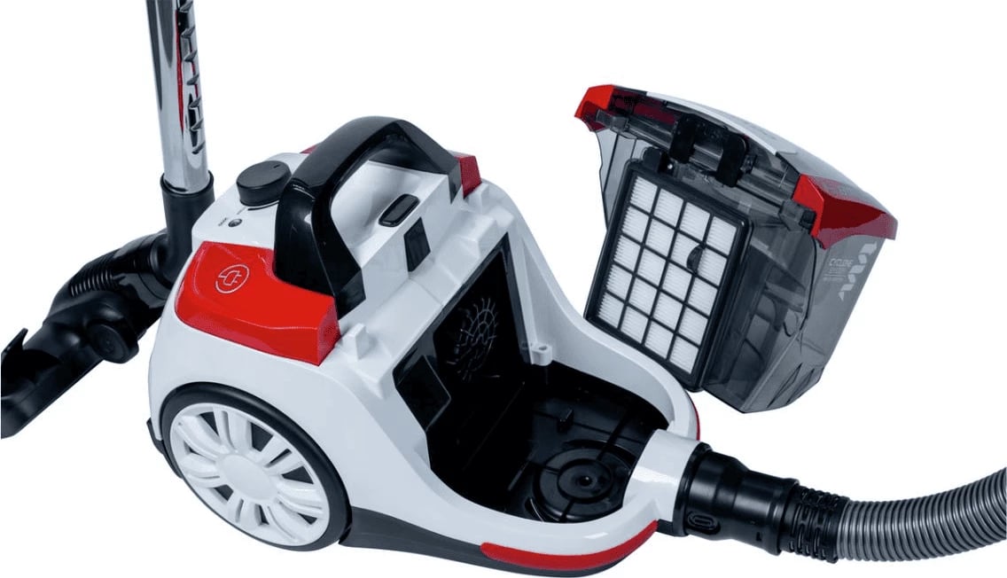 Fshesë me korrent Tornado VCCKC800RC, pa qese, filtër HEPA, kompakte, e zezë e bardhë e kuqe