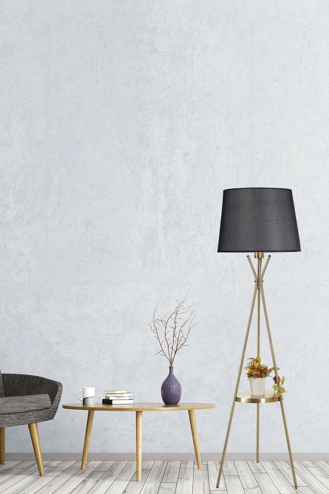 Llambë dyshemeje Opviq, trup metalik, abazhuri i zi, me raft të vogël