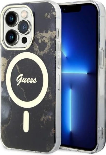 Mbështjellës Guess GUHMP14XHTMRSK për iPhone 14 Pro Max 6.7", Golden Marble, MagSafe, zi