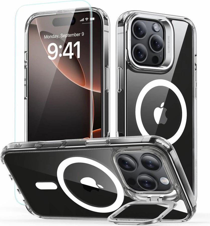 Mbështjellës ESR Classic Hybrid Kickstand HaloLock MagSafe për iPhone 16 Pro Max, me qëndrim dhe xham të temperuar, Transparent