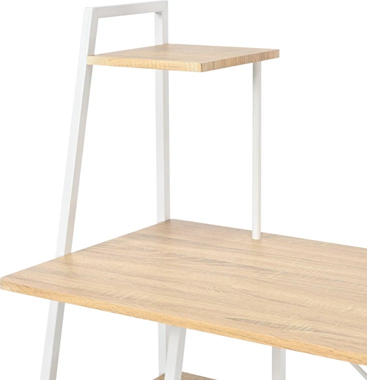 Tavolinë pune me rafte Deckstor, ngjyrë lisi me këmbë metali të bardha, 102x50x117cm