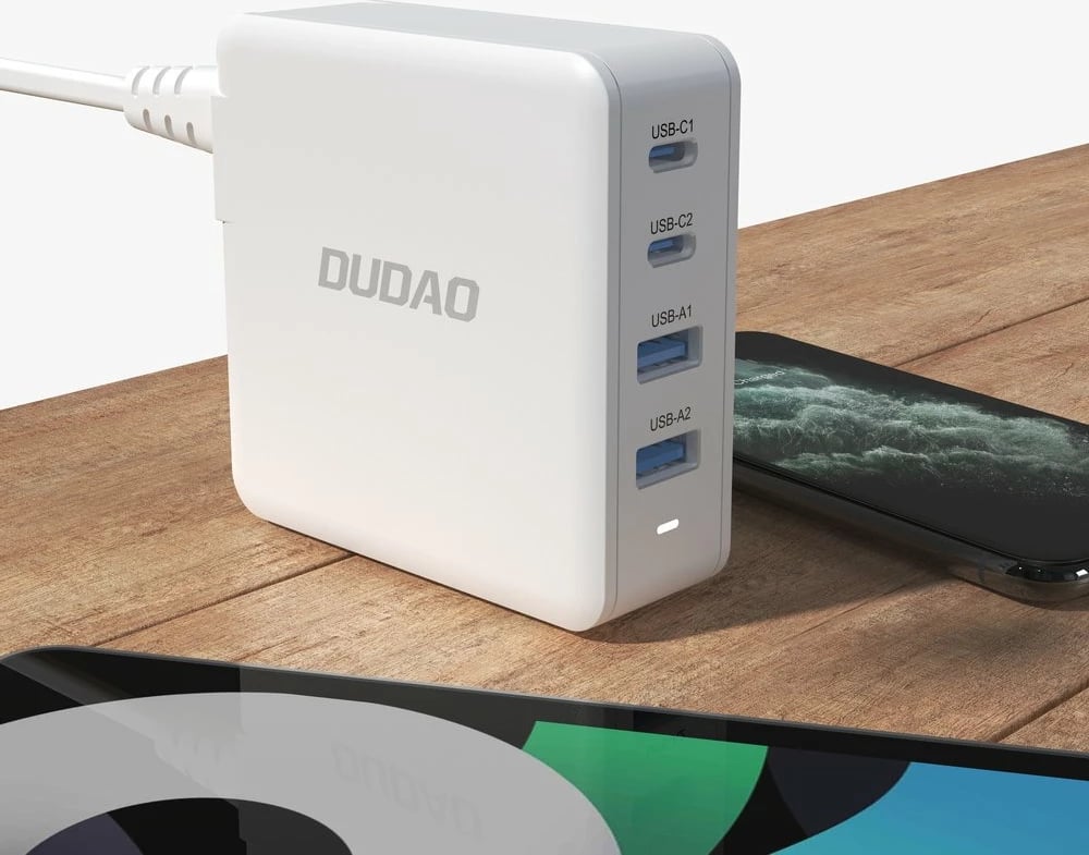 Karikues muri Dudao A100EU GaN, 100W, 2x USB-C, 2x USB-A, Bardhë