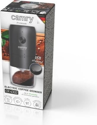 Mulli kafeje pa tela, Camry CR 4302, 25 W, kapacitet 25 g, rikarikues USB-C, gurë qeramike, i zi