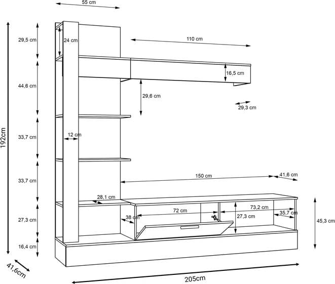 Kompleks dhome ndeje Dranko, melaminë, ngjyrë zezë-lisi, 205x41.5x192cm