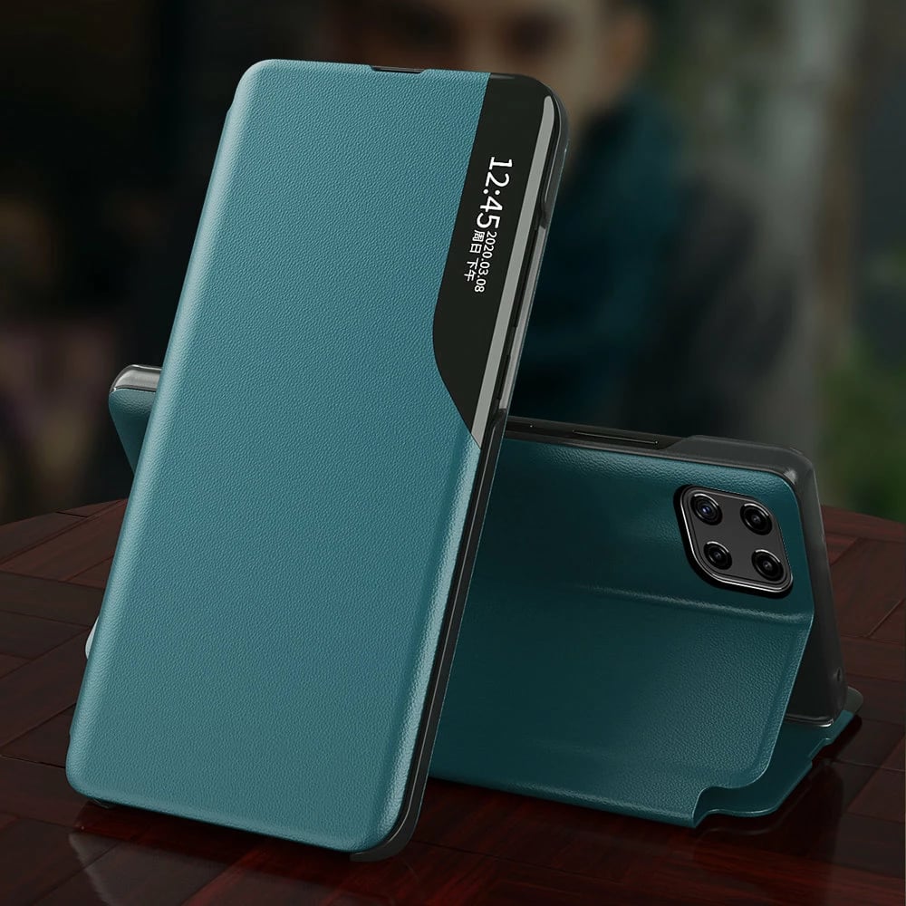 Mbështjellës Hurtel Eco Leather View Case për Samsung Galaxy A22 4G, me kapak dhe mbajtës, e zezë