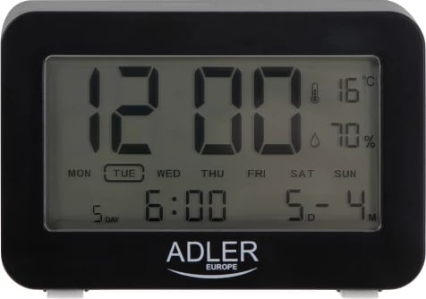 Orë alarmi, Adler AD 1196, 3 alarme, ekran me ndriçim, ora/data/temperatura/lagështia, me bateri 2xAAA, e zezë