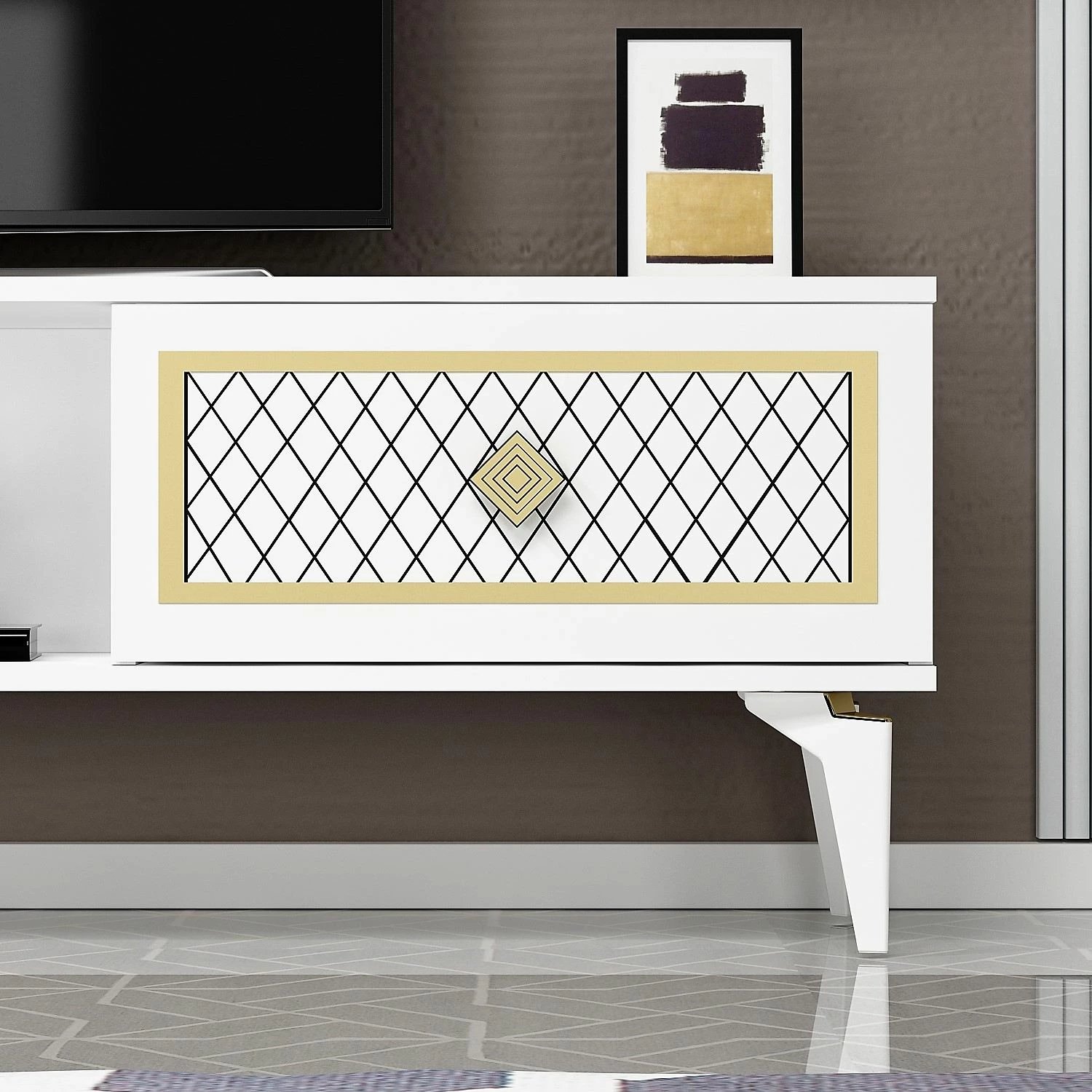 Komodë TV Skye Decor, e bardhë, ar