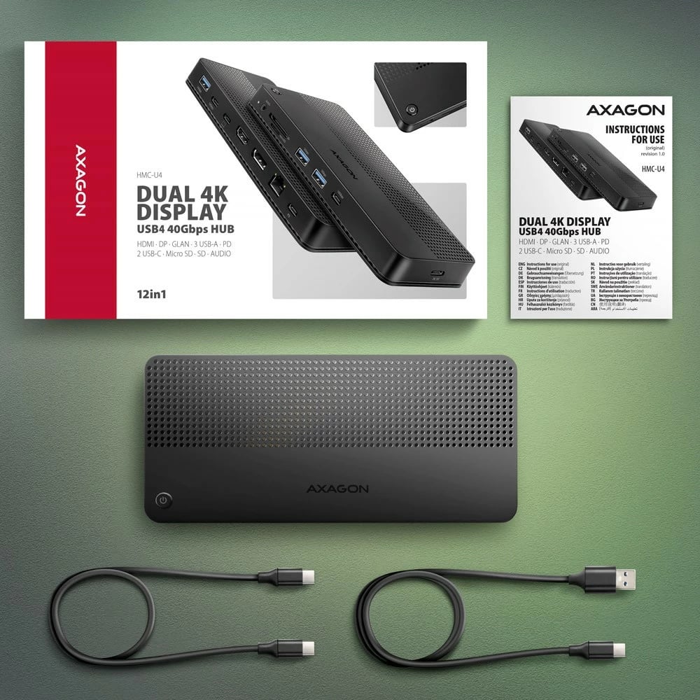 Stacion dokimi AXAGON HMC-U4, 12-në-1, USB4 40Gbps, 3x USB-A, 2x USB-C, GLAN, HDMI 8K, DP 8K, PD 100W, audio HQ, SD/microSD, 80cm kabllo, Zi