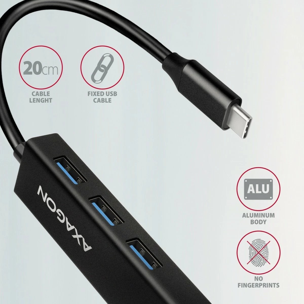 Multiport USB hub AXAGON HMC-GL3A, 3x USB-A 3.0, GLAN, kabllo USB-C 20cm, i zi