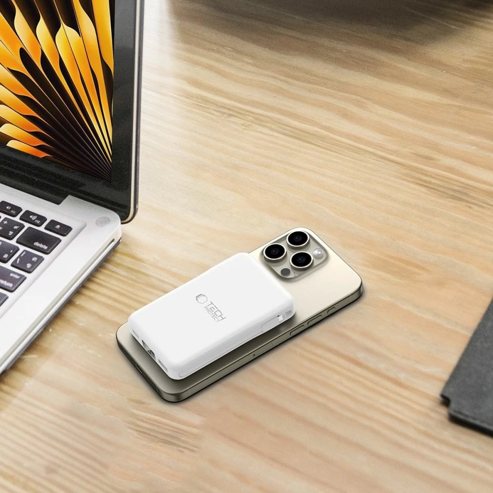 Power bank Tech-Protect LifeMag PB31, 10000mAh, MagSafe, USB-C/USB-A/Lightning, Bardhë