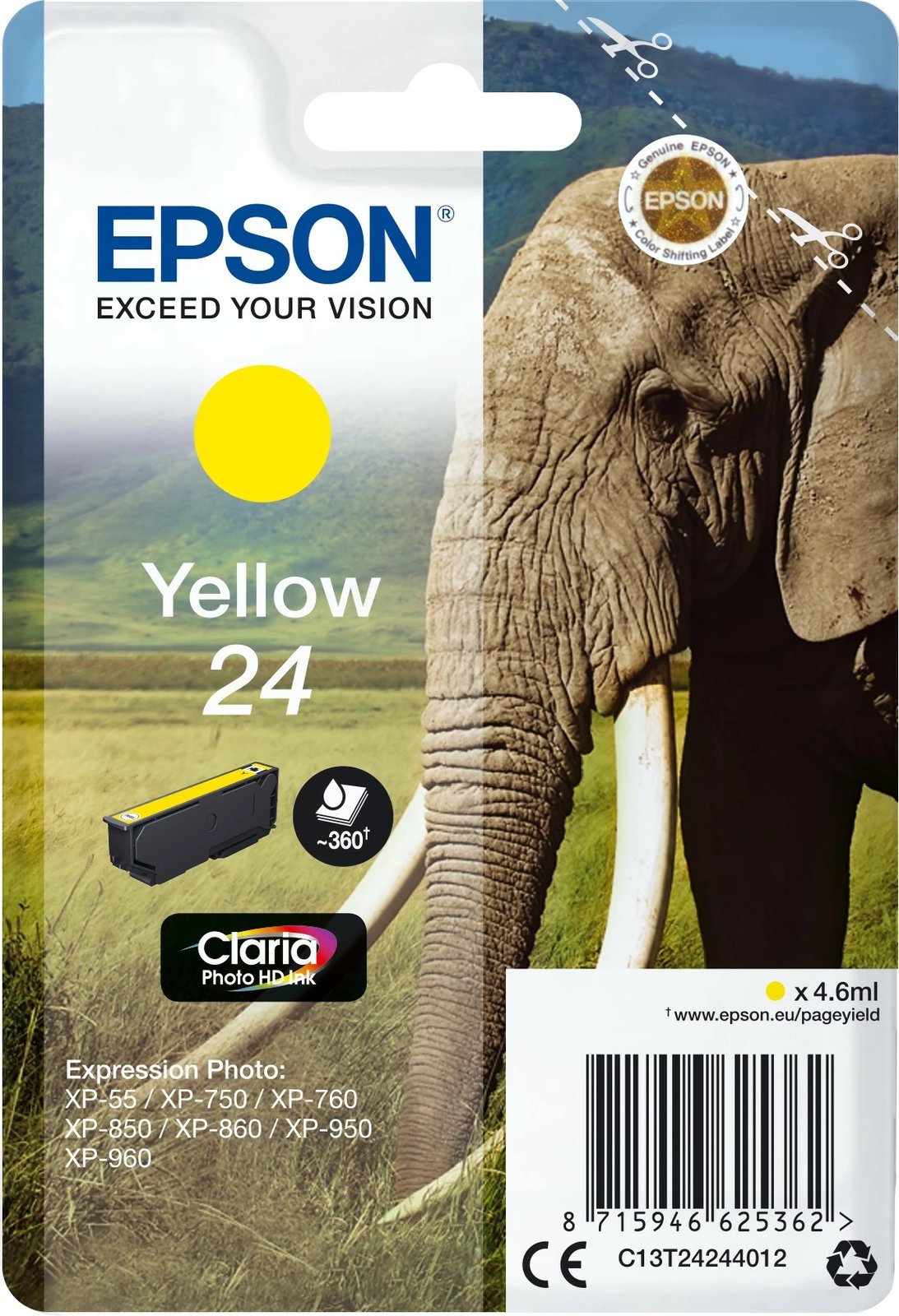 Toner Epson Elephant Singlepack Yellow 24 Claria Photo HD, 4.6 ml, Verdhë