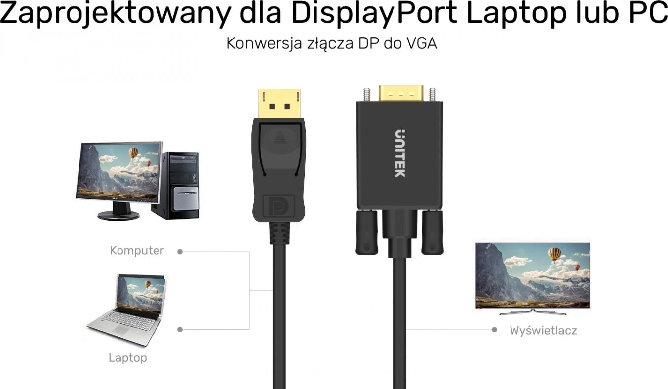 Kabllo Unitek DisplayPort - VGA, 1.8m, e zezë 