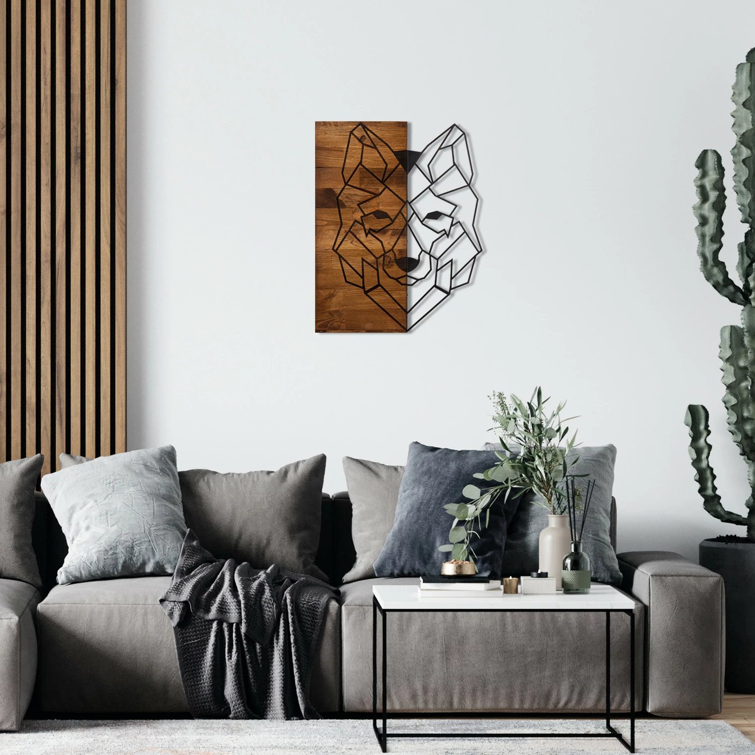 Aksesor dekorativ për mur, dru dhe metal, dizajn ujku, Wallity, ngjyrë e zezë dhe arre, 45.5x58cm