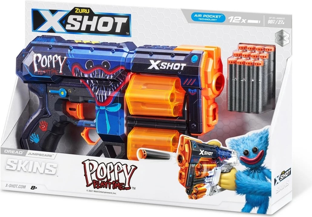 Lodër blaster ZURU X-Shot Dread Skins Launcher, 12 shigjeta, Poppy Playtime, shumëngjyrëshe