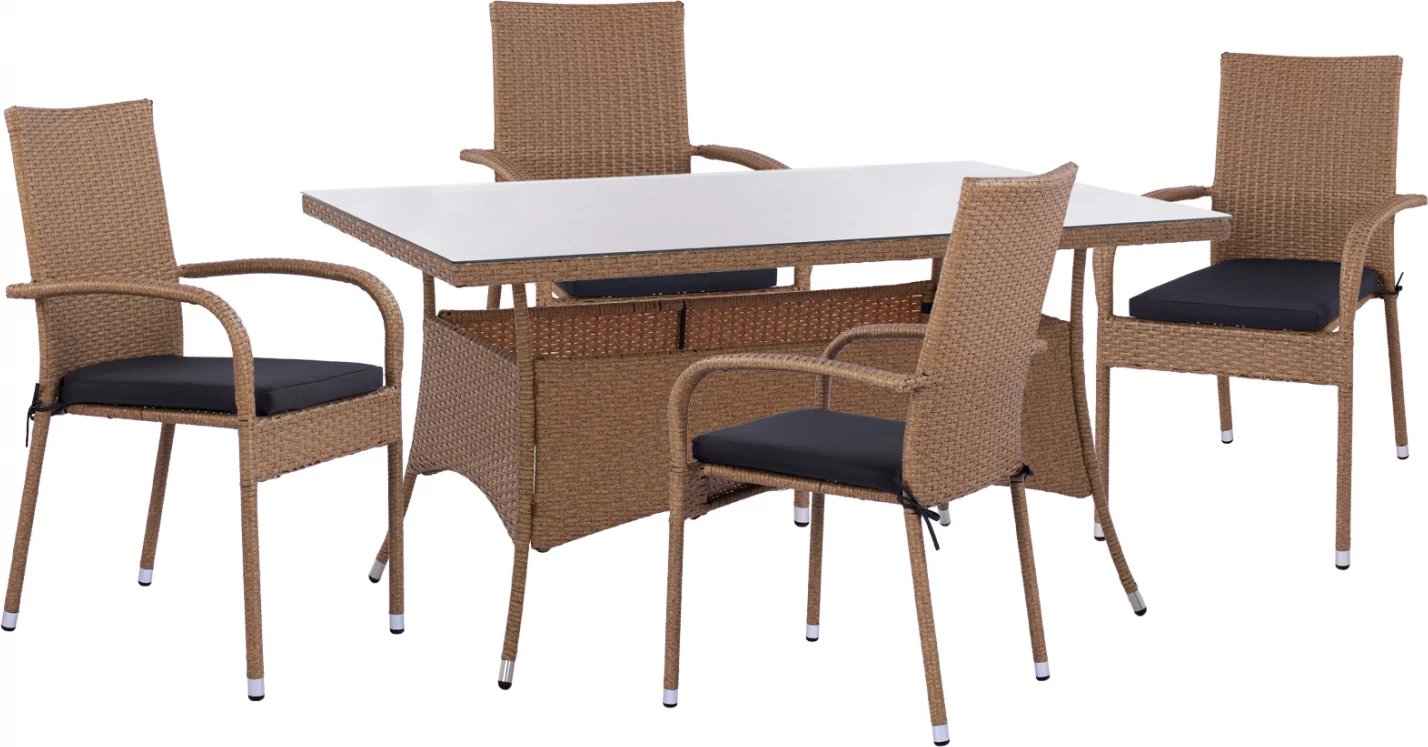 Set tavoline ngrënieje 5 pjesë, tavolinë 150x90 dhe karrige rattan bexh kafe FH11713.02