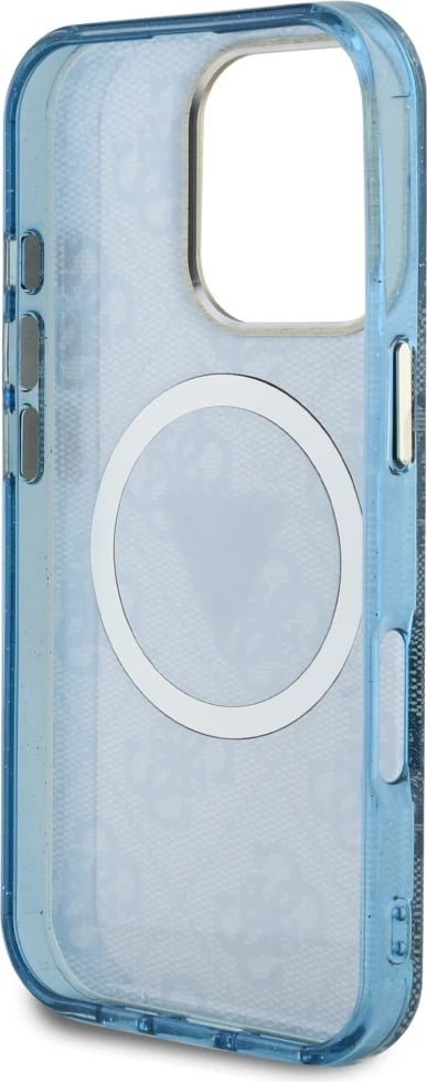 Mbështjellës Guess IML Metal Glitter 4G Circle Triangle MagSafe për iPhone 16 Pro Max, Blu
