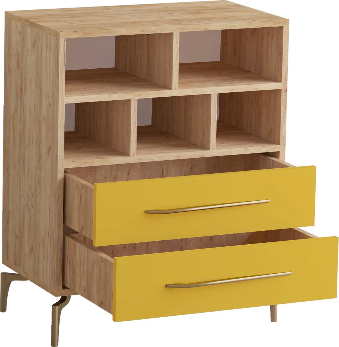 Komodë moderne Skye Decor, ngjyrë ari dhe lisi, ALBA, 70x40x85.6cm