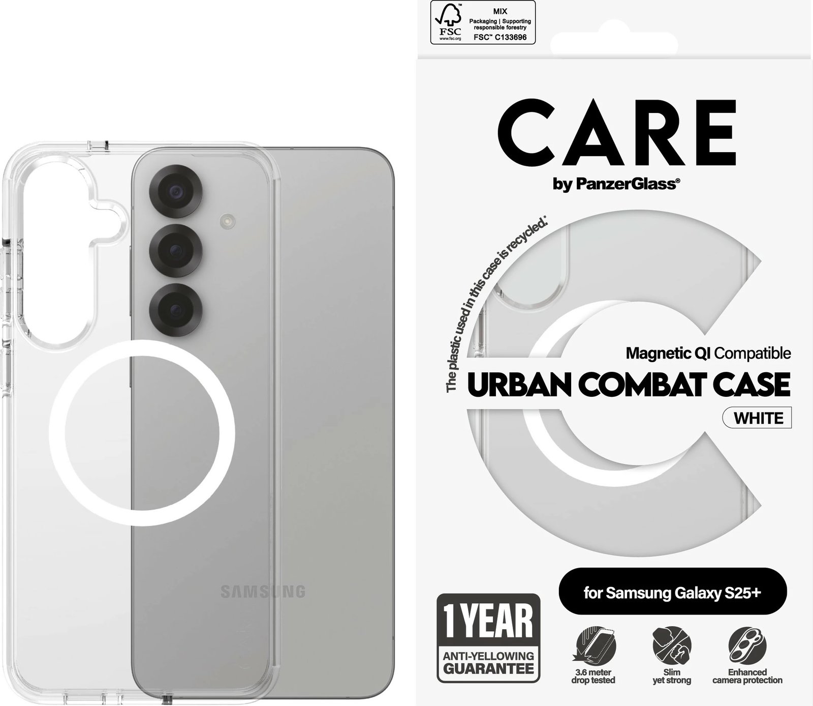 Mbështjellës PanzerGlass CARE Flagship Case transparent për Samsung Galaxy S25 Plus, QI, i bardhë