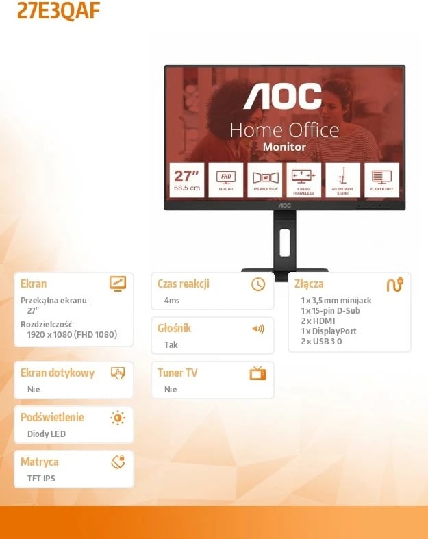 Monitor AOC 27E3QAF, 27", IPS, FHD, 75Hz, Pivot, Altoparlantë, i zi