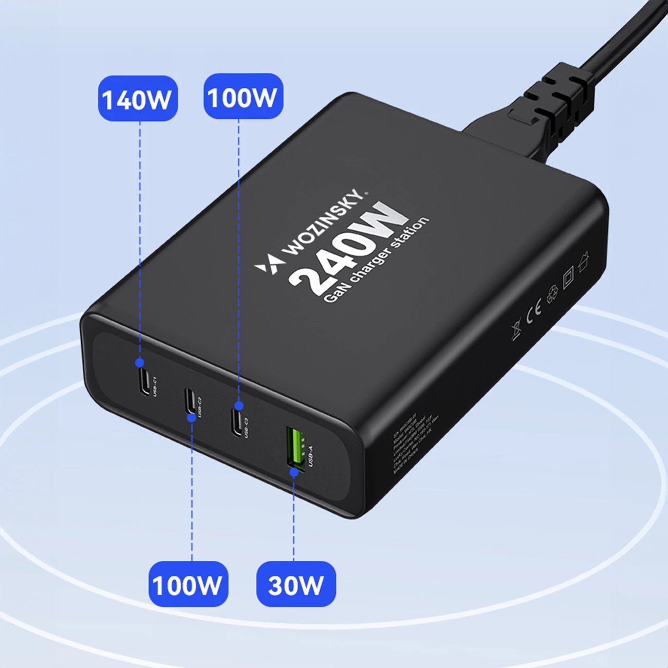 Karikues muri Wozinsky WGCSB, 240W, 3x USB-C, 1x USB-A, GaN, i zi Karikues muri Wozinsky WGCSB, 240W, 3x USB-C, 1x USB-A, GaN, i zi