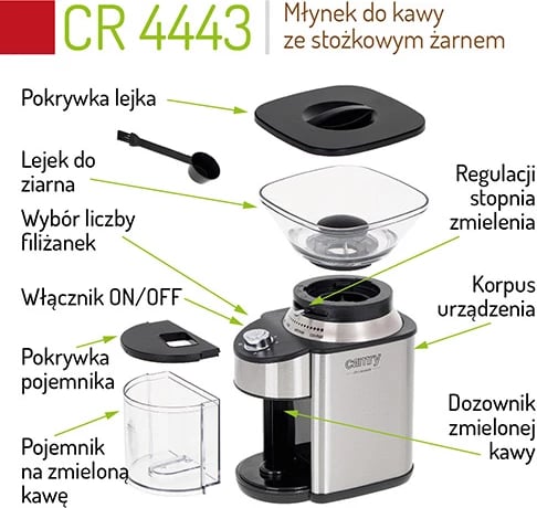 Mulli kafeje me burr konik, Camry CR 4443, 200 W, 16 nivele bluarjeje, kontejner 230 g, çelik inox, argjend/zi Mulli kafeje me burr konik, Camry CR 4443, 200 W, 16 nivele bluarjeje, kontejner 230 g, çelik inox, argjend/zi