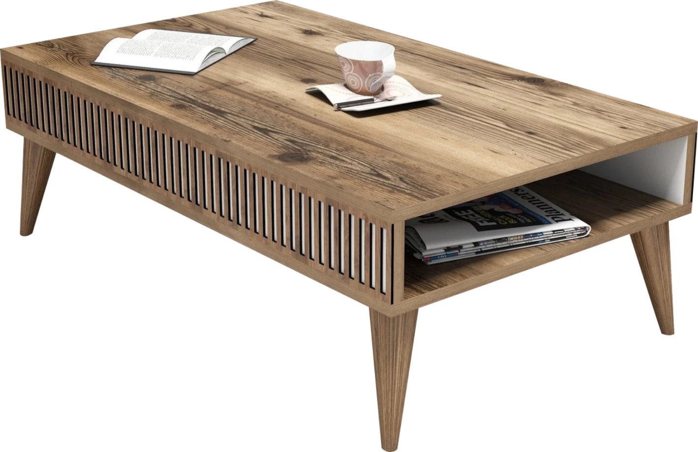 Tavolinë kafeje FH9505.01 melaminë, ngjyrë arre me anë të bardha, 105x60x34.6H cm