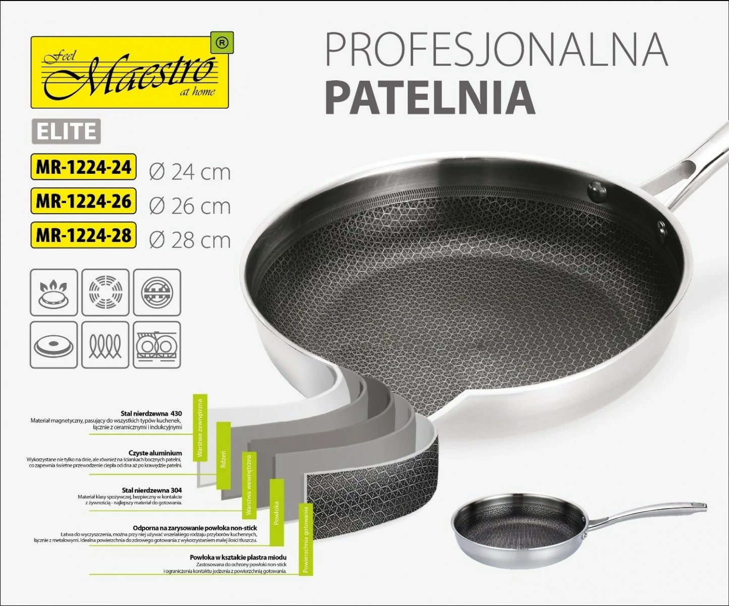 Tigan profesional Feel-Maestro MR-1224-26, 26 cm, çelik inox, jo-ngjitës, argjendtë