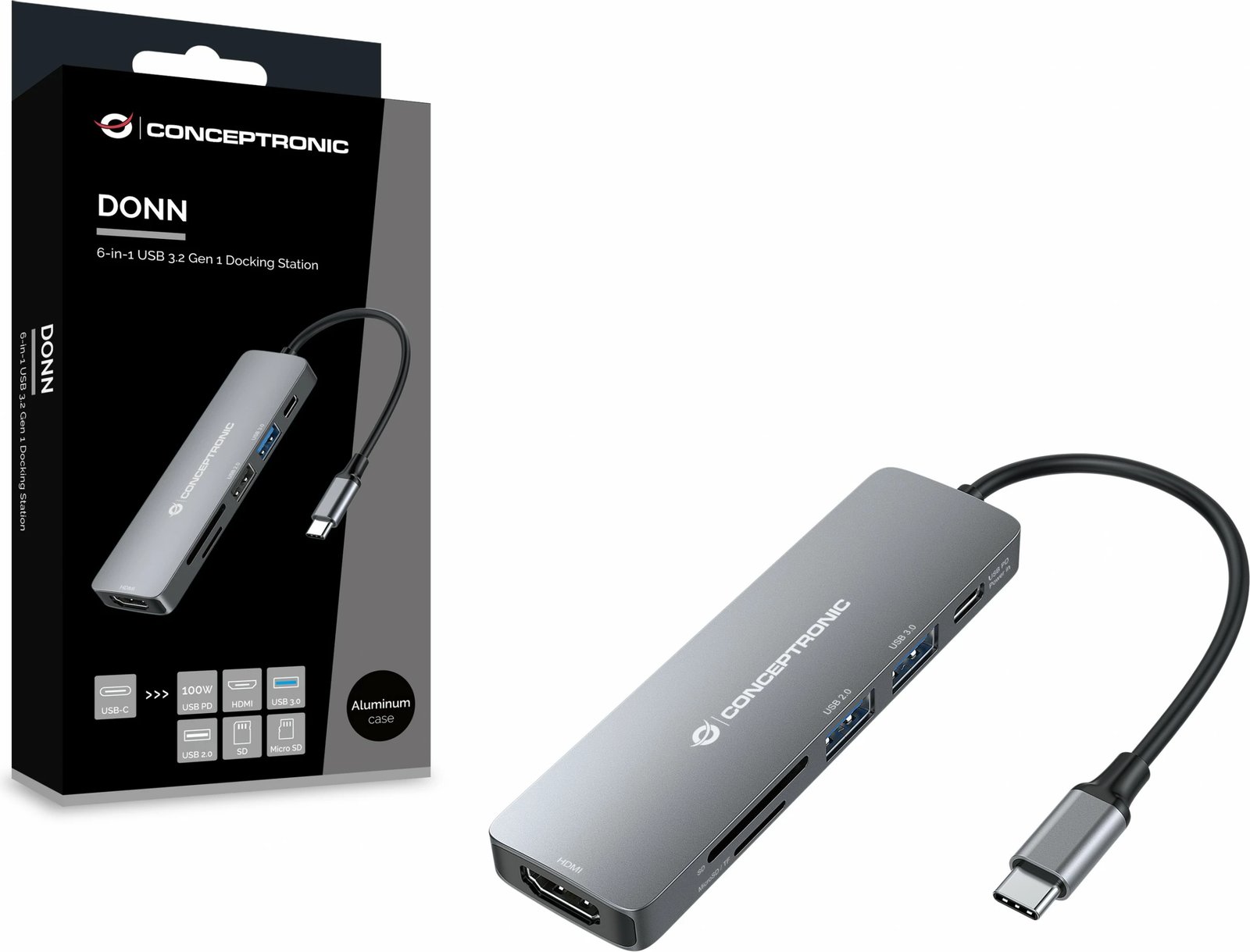 Dock USB-C Conceptronic 6-1, HDMI, 2xUSB-A, SD, TF/MicroSD, 15cm, gri
