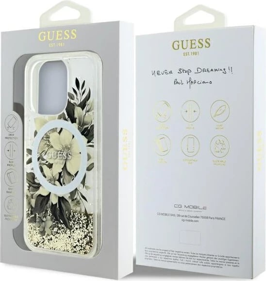 Mbështjellës Guess Liquid Glitter Flower MagSafe për iPhone 16 Pro, Bezhe