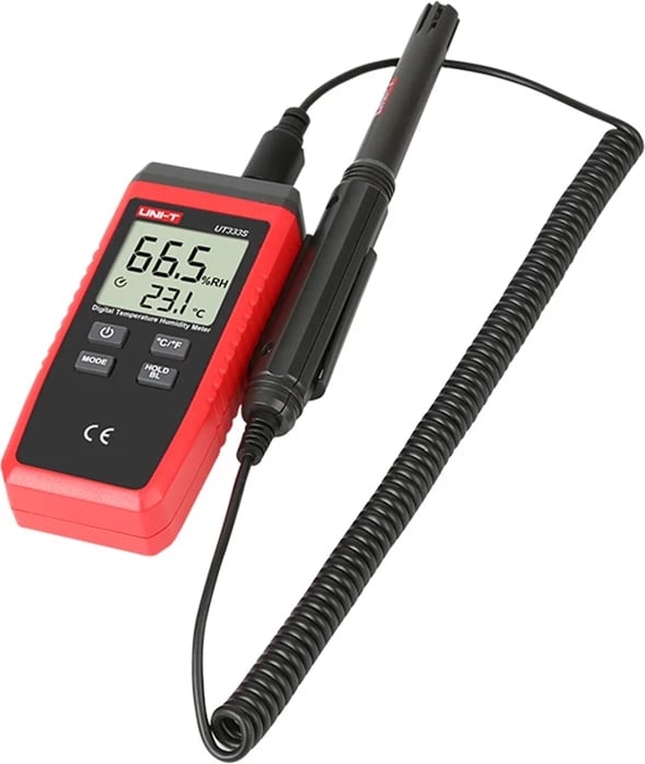 Matës temperature dhe lagështie, UNI-T UT333S, -10°C–60°C, 0–100% RH, ekran LCD me ndriçim, sensor i ndarë, me bateri