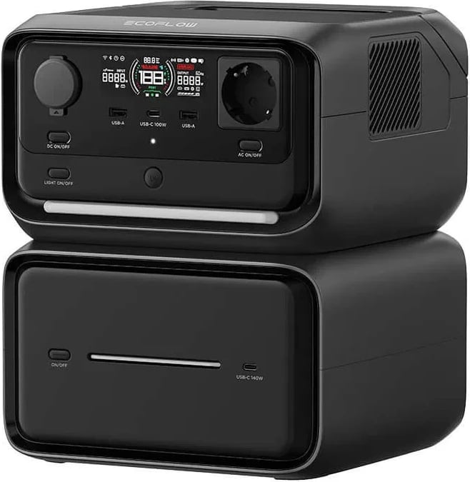 EcoFlow River 3 Max Plus stacion portative ( bateri ) që kombinon njësinë bazë 286Wh RIVER 3 Plus me një Bateri Shtesë EB600 572Wh, total 858Wh