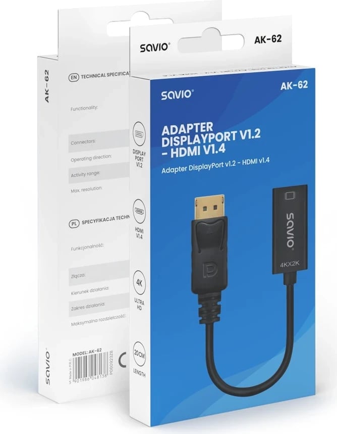 Adapter Savio DisplayPort (M) v1.2 - HDMI A (F) v1.4, 4K, AK-62 Adapter Savio DisplayPort (M) v1.2 - HDMI A (F) v1.4, 4K, AK-62