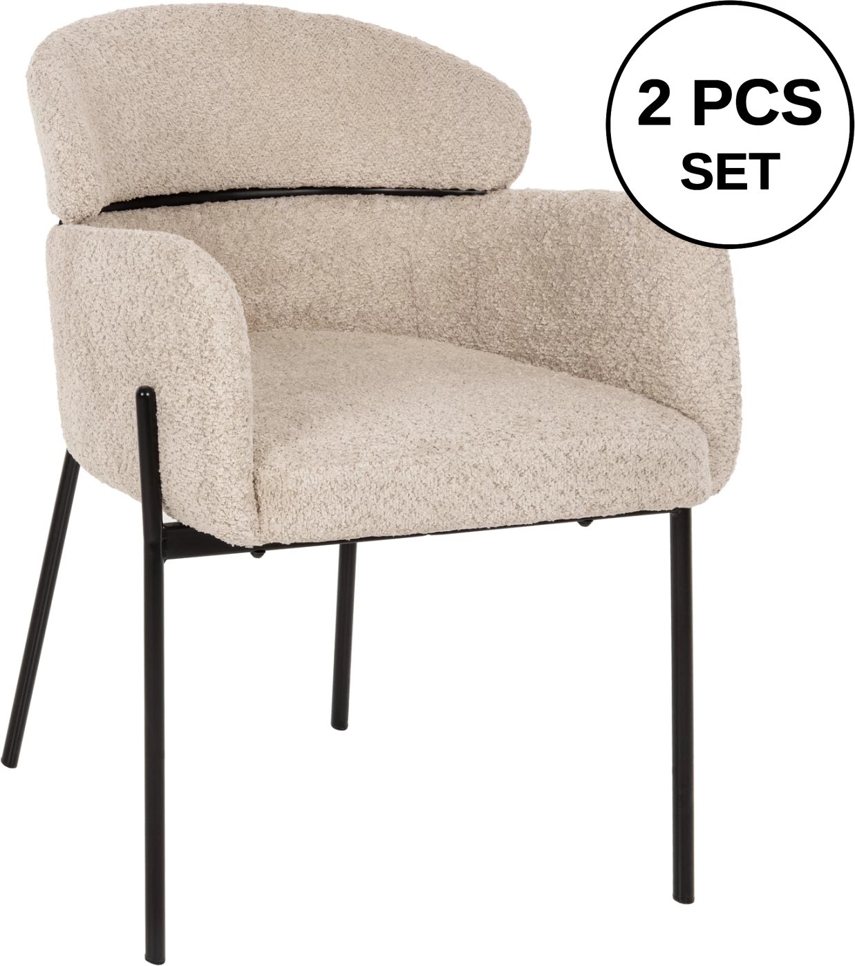 Karrige me krahë WOLF FH8583.02, pëlhurë boucle ecru, këmbë metali të zeza, 58x58x80H cm., set prej 2 copë