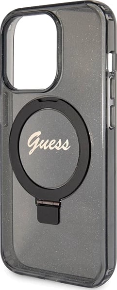 Mbështjellës Guess Ring Stand Script Glitter MagSafe për iPhone 15 Pro Max, i zi